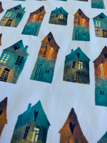 Fabric Earthtoned Rainbow Collection Houses on White