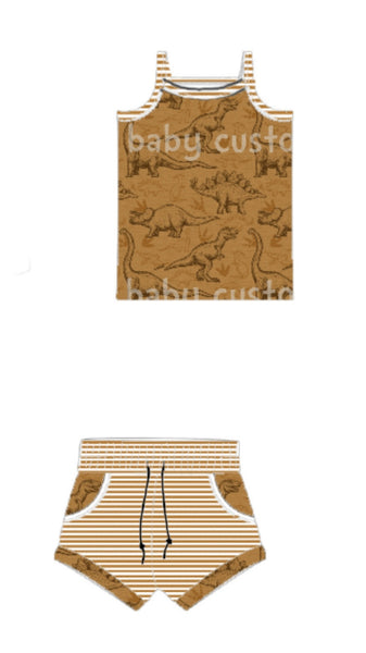 Fabric Tone on Tone Dinosaurs on a FAUX Mustard Heather