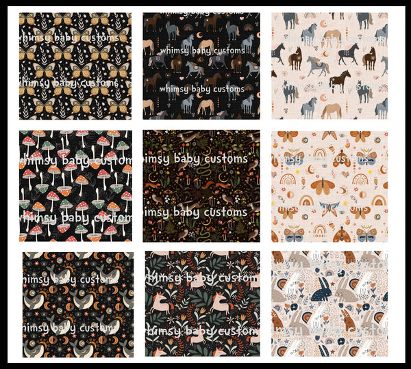 Boho Horses on Black Fabric