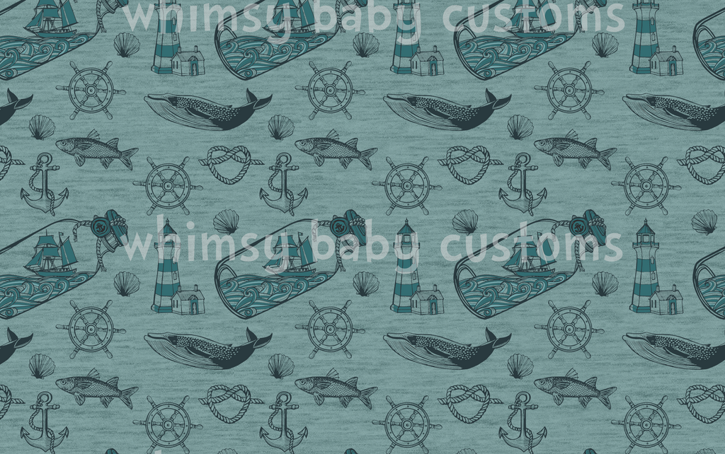 Fabric Tone on Tone Nautical Ship in Bottle on FAUX Seafoam Heather