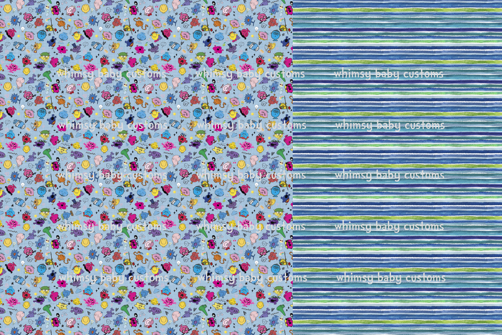 Mr. Men and Little Miss Half and Half Fabric on BLUE