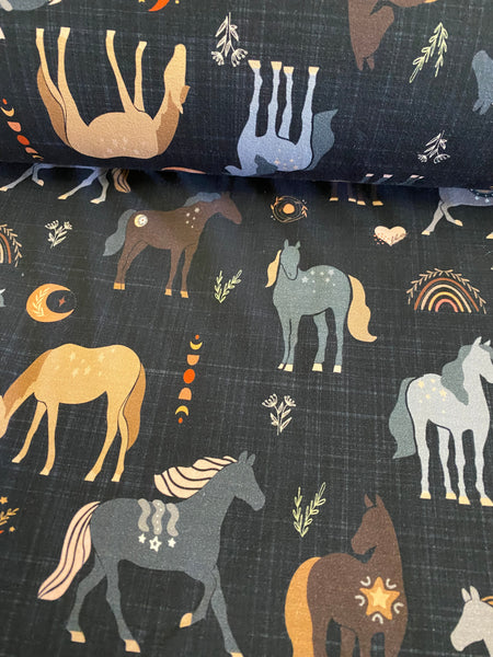 Boho Horses on Black Fabric