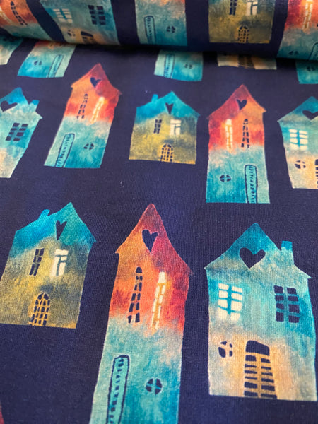 Fabric Earthtoned Rainbow Collection Houses on Navy