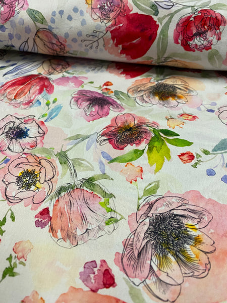 Fabric Watercolor Peonies Scribble