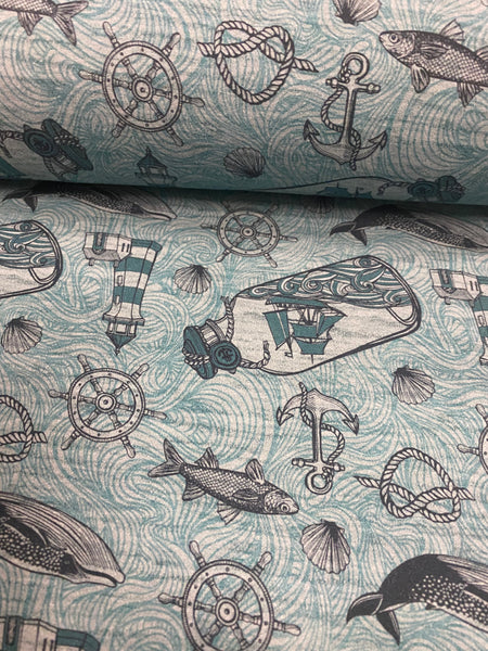 Fabric Tone on Tone Nautical Ship in Bottle on FAUX Seafoam Heather