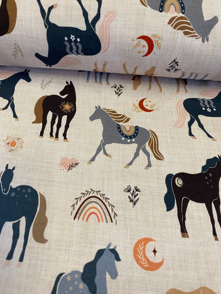 Boho Horses on Beige Fabric