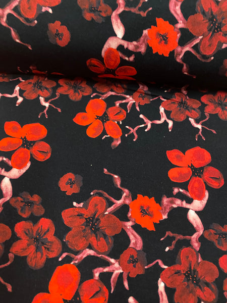 Fabric Red and Black Cherry Blossoms