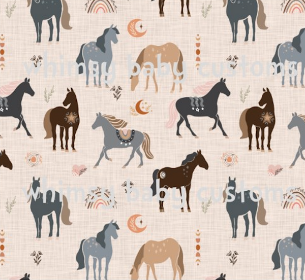 Boho Horses Half and Half Fabric (Black and Beige Backgrounds)