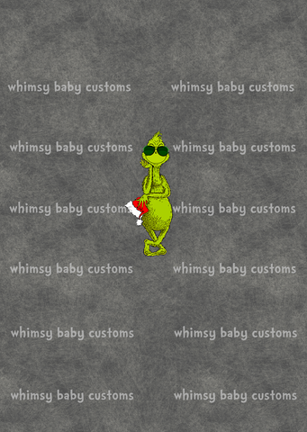 Adult/Romper Panel Cool Grumpy Green Guy Holding Santa Hat on Light Grunge Grey Background