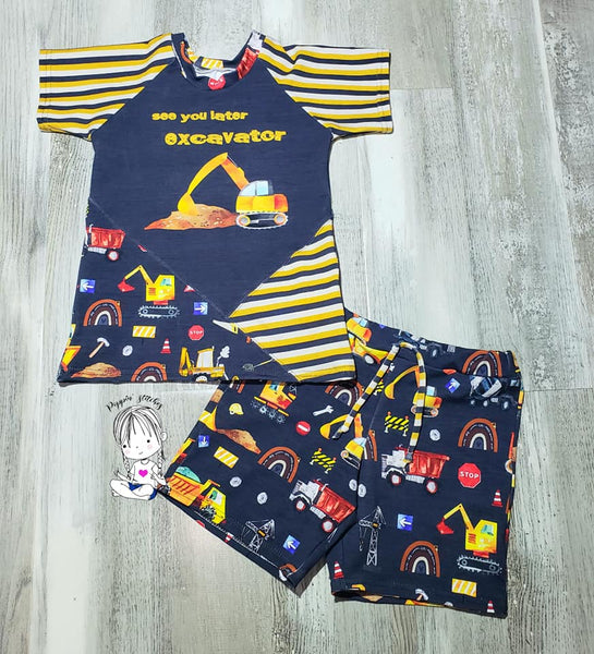 Rapport See you Later Excavator on FAUX Navy sweater knit ON VARIOUS BASES