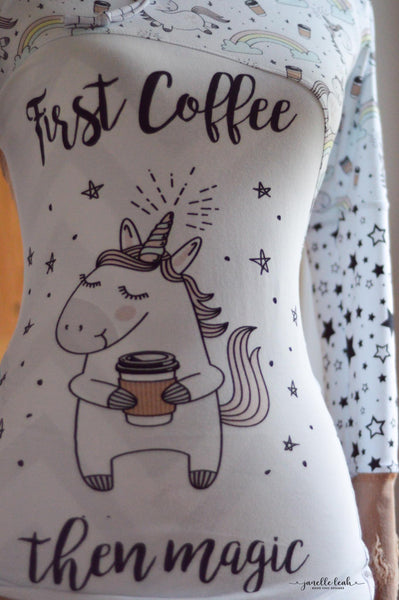 A1005 First Coffee then Magic on White Adult/Romper Panel