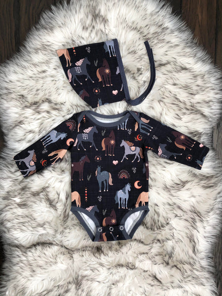 Boho Horses on Black Fabric