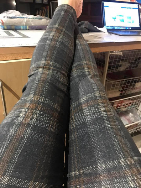 Grey and Mustard Tartan Plaid Fabric - French Terry