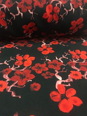 Fabric Red and Black Cherry Blossoms