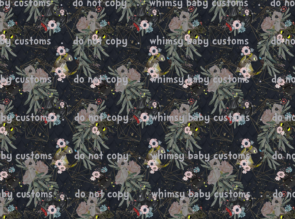 Fabric Geo and Floral on Navy with Dragon with No Teeth (HHTYD)