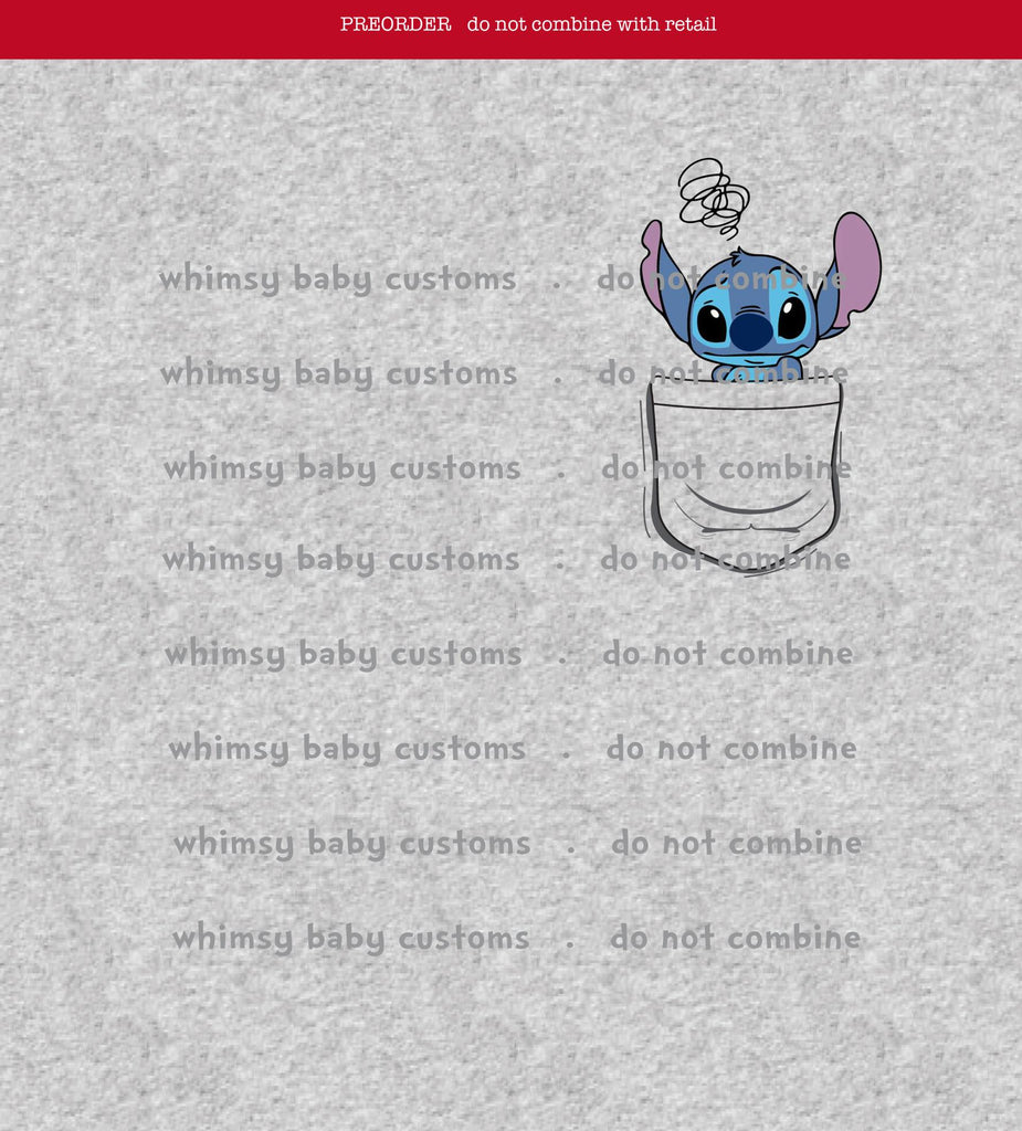 416H Child Panel Cute Blue St-itch in a Pocket on Heather Grey