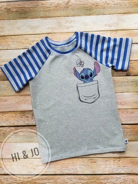 416H Child Panel Cute Blue St-itch in a Pocket on Heather Grey