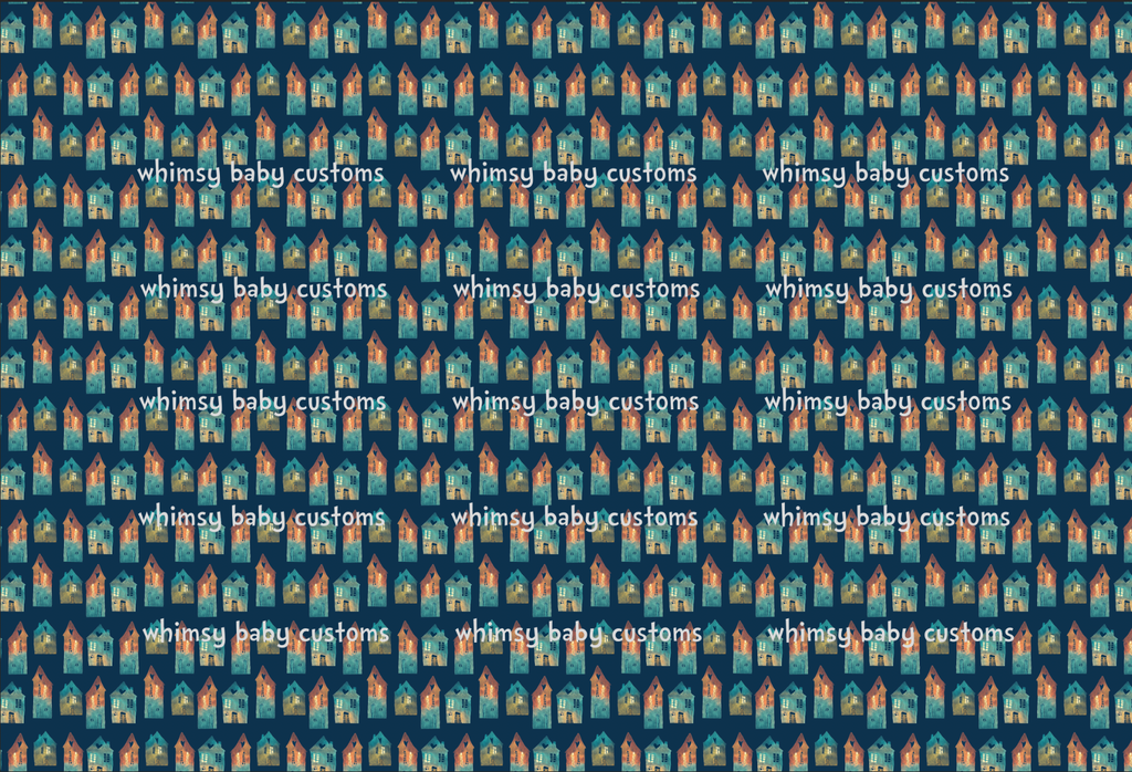 Fabric Earthtoned Rainbow Collection Houses on Navy