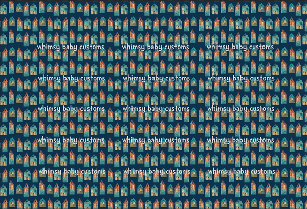 Fabric Earthtoned Rainbow Collection Houses on Navy