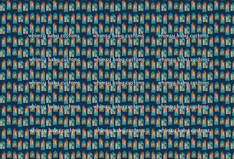 Fabric Earthtoned Rainbow Collection Houses on Navy