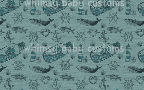 Fabric Tone on Tone Nautical Ship in Bottle on FAUX Seafoam Heather