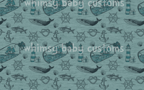 Fabric Tone on Tone Nautical Ship in Bottle on FAUX Seafoam Heather