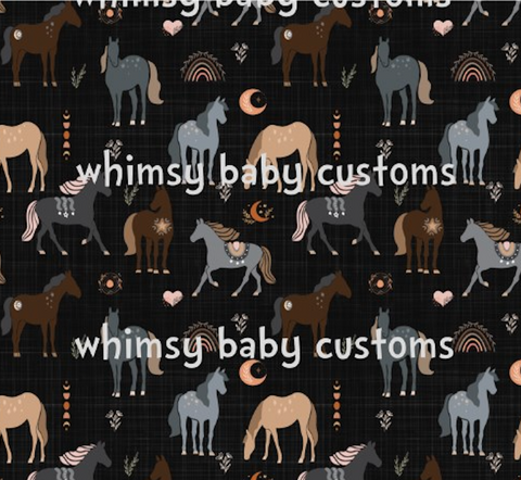 Boho Horses on Black Fabric