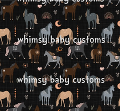 Boho Horses on Black Fabric