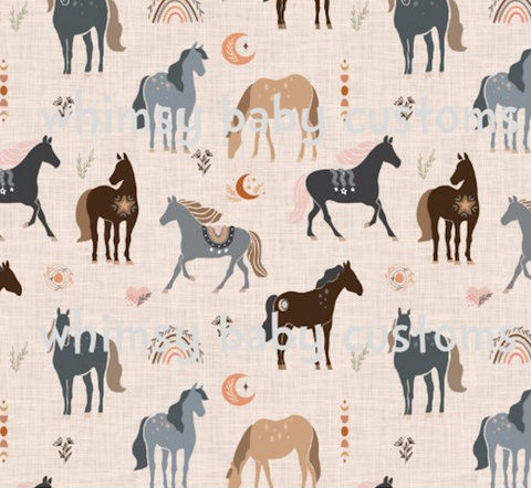 Boho Horses on Beige Fabric