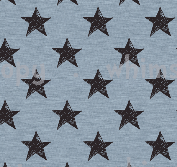 Fabric Black Grunge Stars on Light Blue Knit