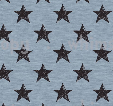 Fabric Black Grunge Stars on Light Blue Knit